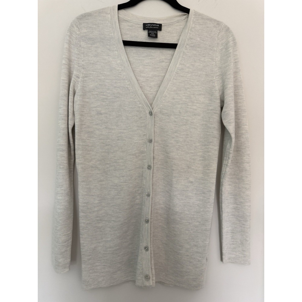 Lord & Taylor Cardigan Extra Fine Merino Wool Button Up Grey Sz M Preppy